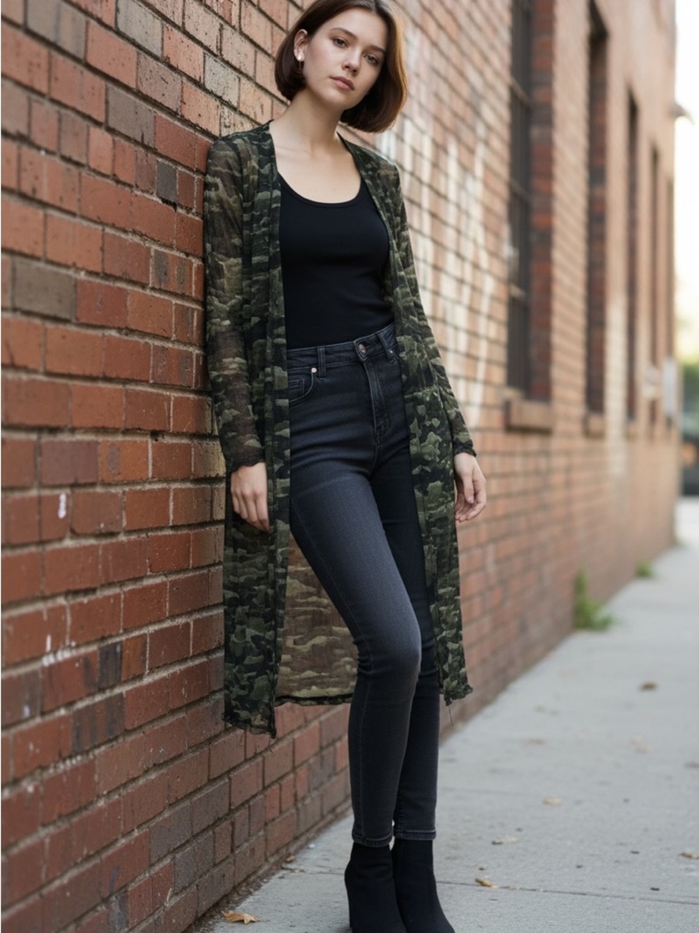 Camo Sheer Long Duster Cardigan - Olive/Black